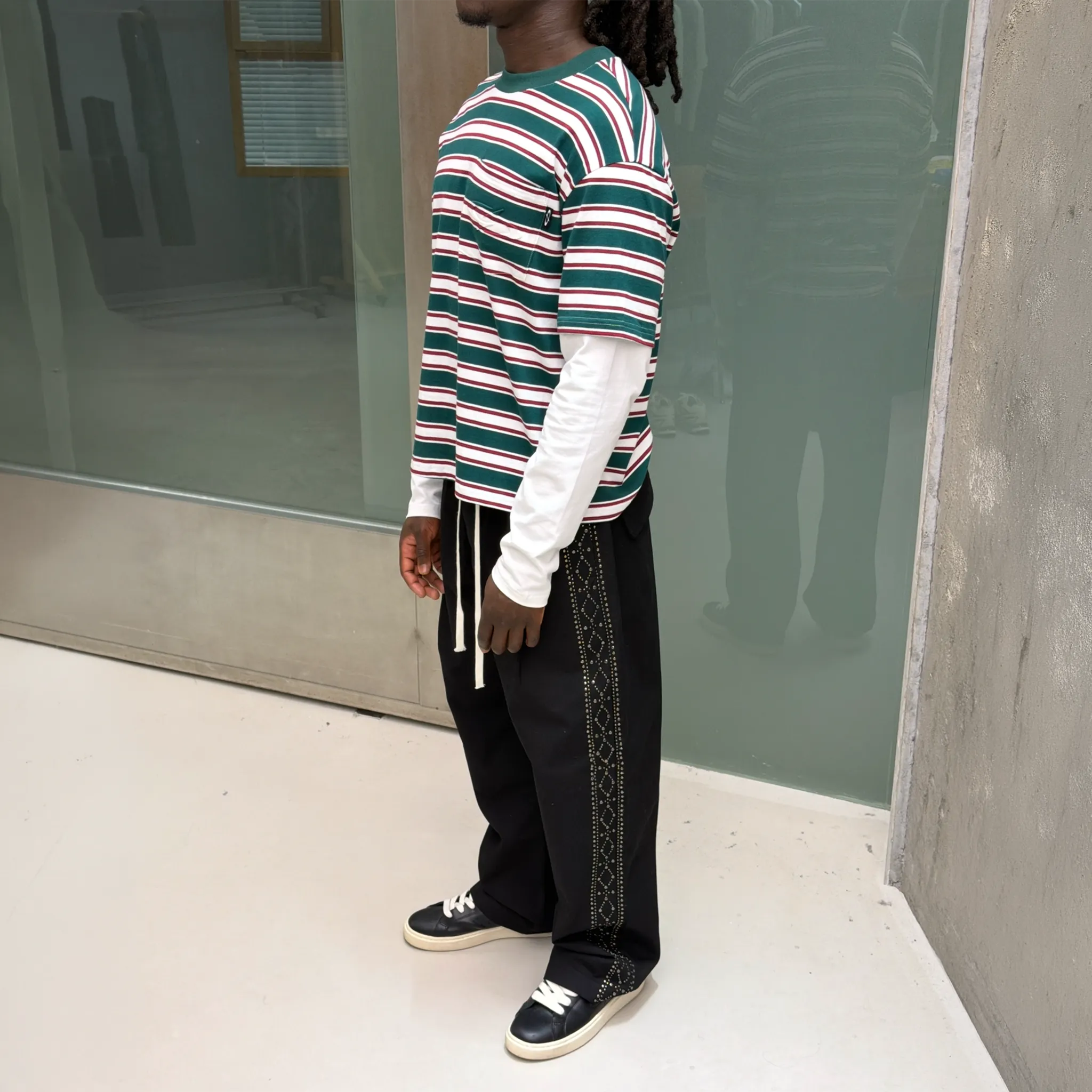 Side View of Suavo Stripe Pocket Layered L/S White T-Shirt